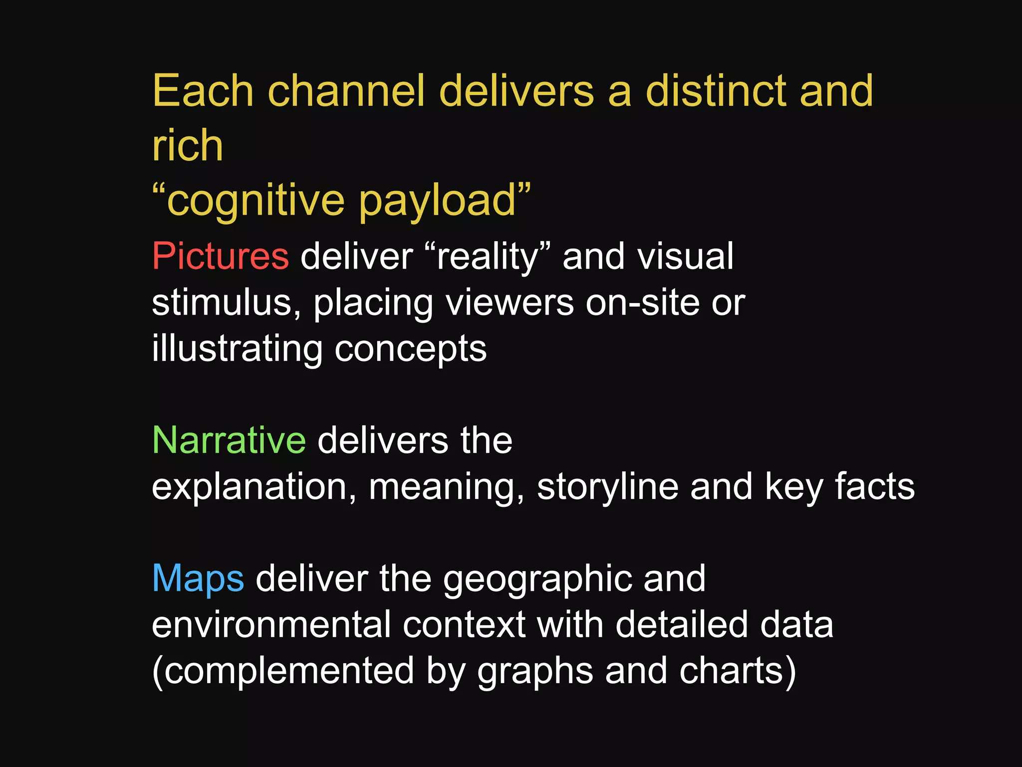 Each channel delivers a distinct and
rich
“cognitive payload”
Pictures deliver “reality” and visual
stimulus, placing viewers on-site or
illustrating concepts
Narrative delivers the
explanation, meaning, storyline and key facts
Maps deliver the geographic and
environmental context with detailed data
(complemented by graphs and charts)

 