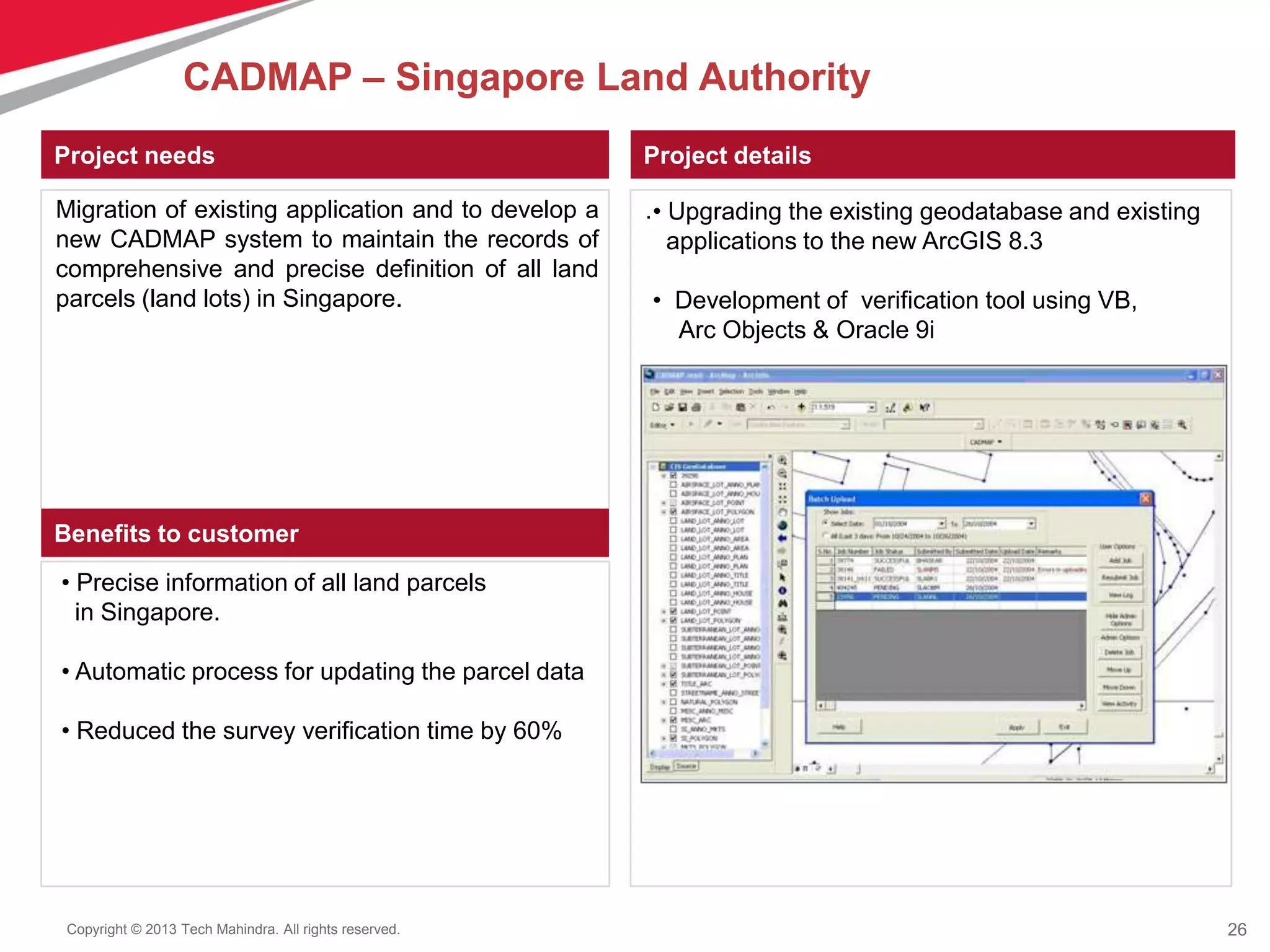 26Copyright © 2013 Tech Mahindra. All rights reserved.
Project needs Project details
.
Benefits to customer
Migration of existing application and to develop a
new CADMAP system to maintain the records of
comprehensive and precise definition of all land
parcels (land lots) in Singapore.
• Precise information of all land parcels
in Singapore.
• Automatic process for updating the parcel data
• Reduced the survey verification time by 60%
• Upgrading the existing geodatabase and existing
applications to the new ArcGIS 8.3
• Development of verification tool using VB,
Arc Objects & Oracle 9i
CADMAP – Singapore Land Authority
 