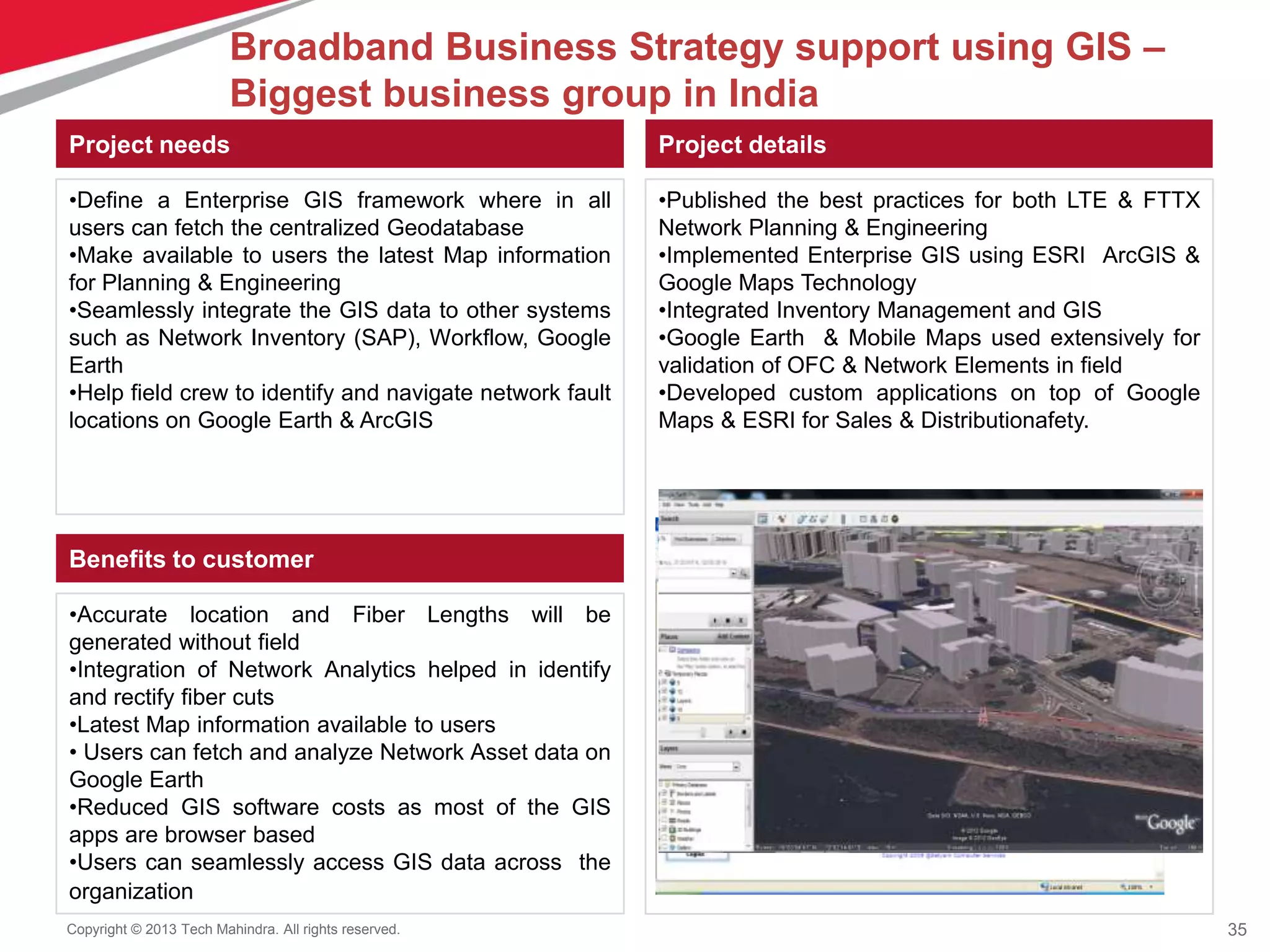 35Copyright © 2013 Tech Mahindra. All rights reserved.
Broadband Business Strategy support using GIS –
Biggest business group in India
Project needs
•Define a Enterprise GIS framework where in all
users can fetch the centralized Geodatabase
•Make available to users the latest Map information
for Planning & Engineering
•Seamlessly integrate the GIS data to other systems
such as Network Inventory (SAP), Workflow, Google
Earth
•Help field crew to identify and navigate network fault
locations on Google Earth & ArcGIS
Project details
•Published the best practices for both LTE & FTTX
Network Planning & Engineering
•Implemented Enterprise GIS using ESRI ArcGIS &
Google Maps Technology
•Integrated Inventory Management and GIS
•Google Earth & Mobile Maps used extensively for
validation of OFC & Network Elements in field
•Developed custom applications on top of Google
Maps & ESRI for Sales & Distributionafety.
Benefits to customer
•Accurate location and Fiber Lengths will be
generated without field
•Integration of Network Analytics helped in identify
and rectify fiber cuts
•Latest Map information available to users
• Users can fetch and analyze Network Asset data on
Google Earth
•Reduced GIS software costs as most of the GIS
apps are browser based
•Users can seamlessly access GIS data across the
organization safety.
 