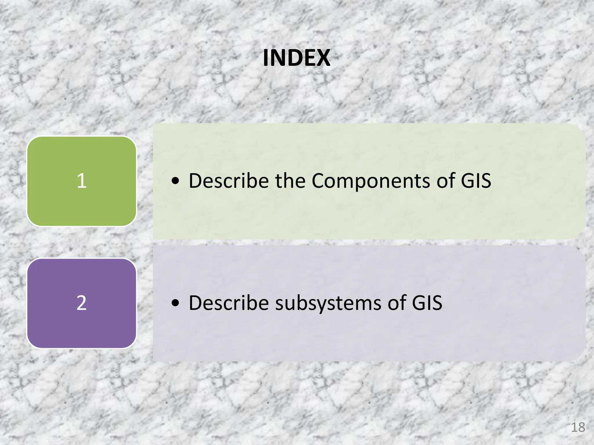 18
INDEX
• Describe the Components of GIS
1
• Describe subsystems of GIS
2
 