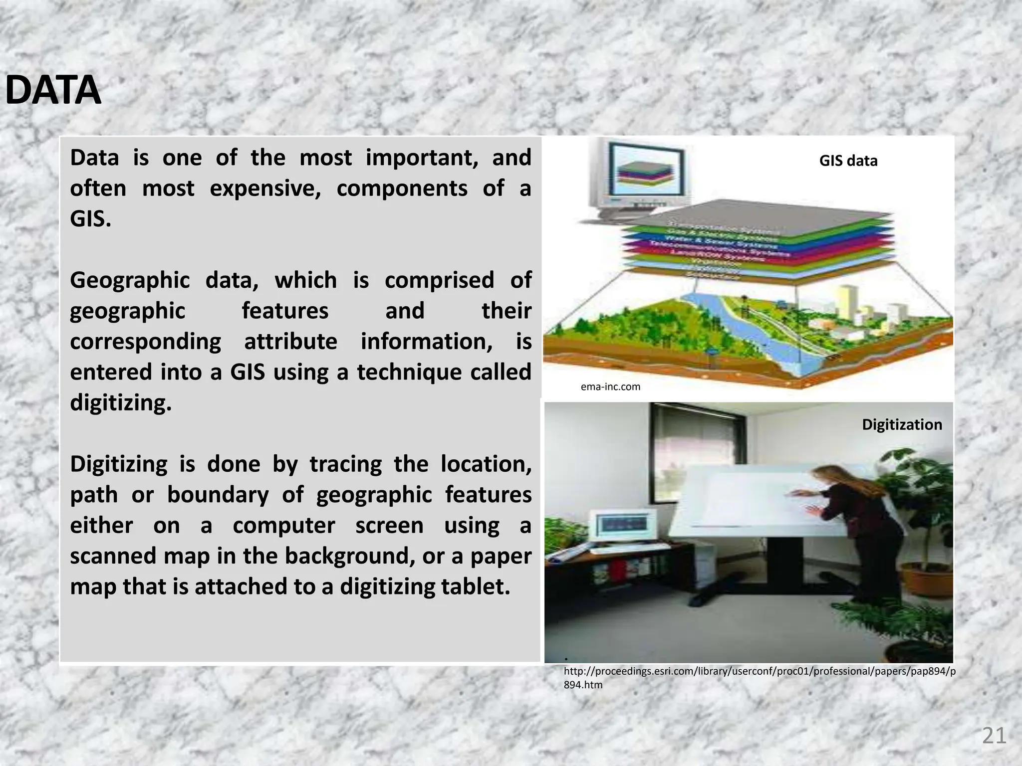 21
DATA
Data is one of the most important, and
often most expensive, components of a
GIS.
Geographic data, which is comprised of
geographic features and their
corresponding attribute information, is
entered into a GIS using a technique called
digitizing.
Digitizing is done by tracing the location,
path or boundary of geographic features
either on a computer screen using a
scanned map in the background, or a paper
map that is attached to a digitizing tablet.
a
ema-inc.com
GIS data
Digitization
.
http://proceedings.esri.com/library/userconf/proc01/professional/papers/pap894/p
894.htm
 