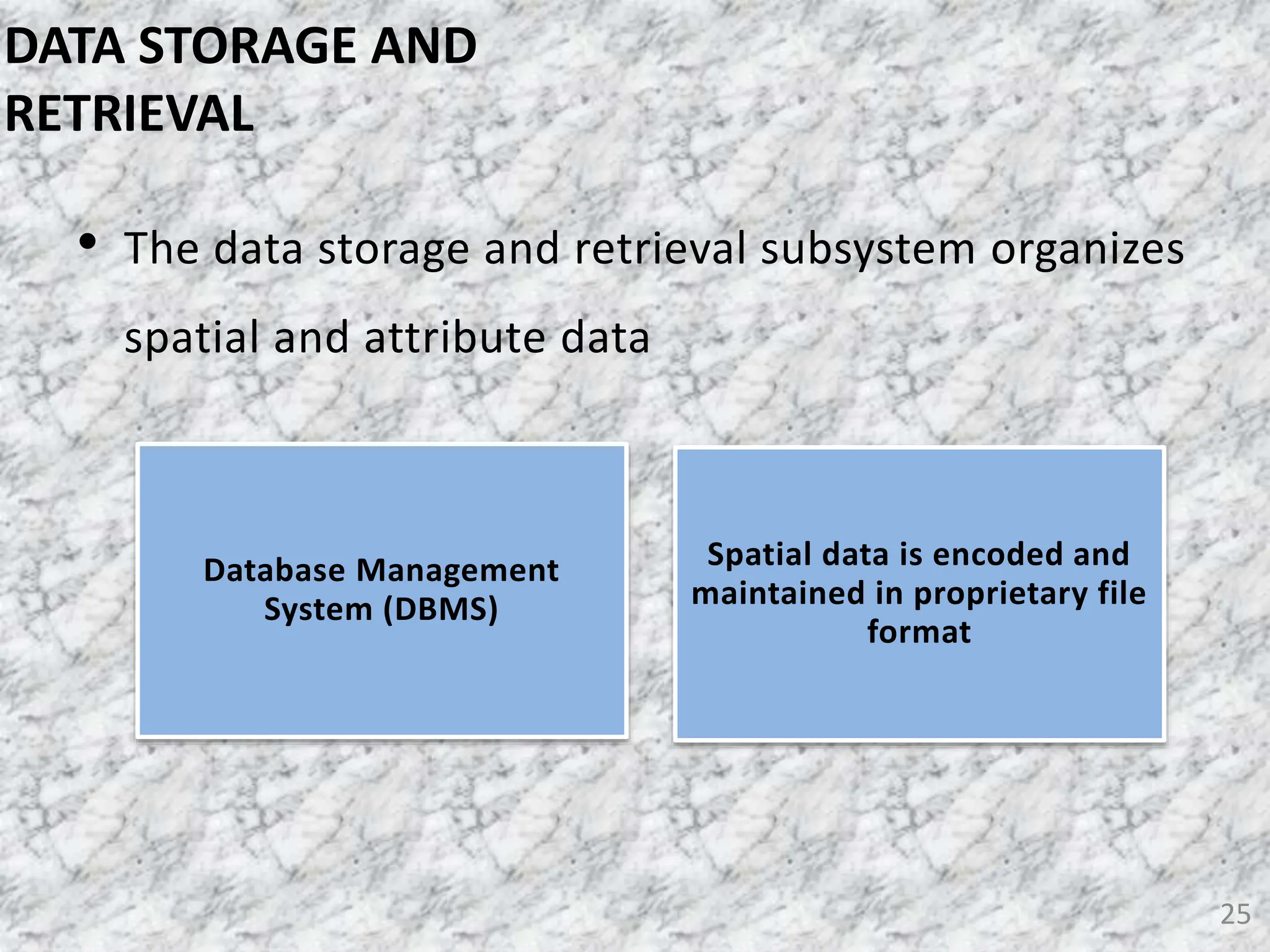 • The data storage and retrieval subsystem organizes
spatial and attribute data
25
DATA STORAGE AND
RETRIEVAL
Database Management
System (DBMS)
Spatial data is encoded and
maintained in proprietary file
format
 