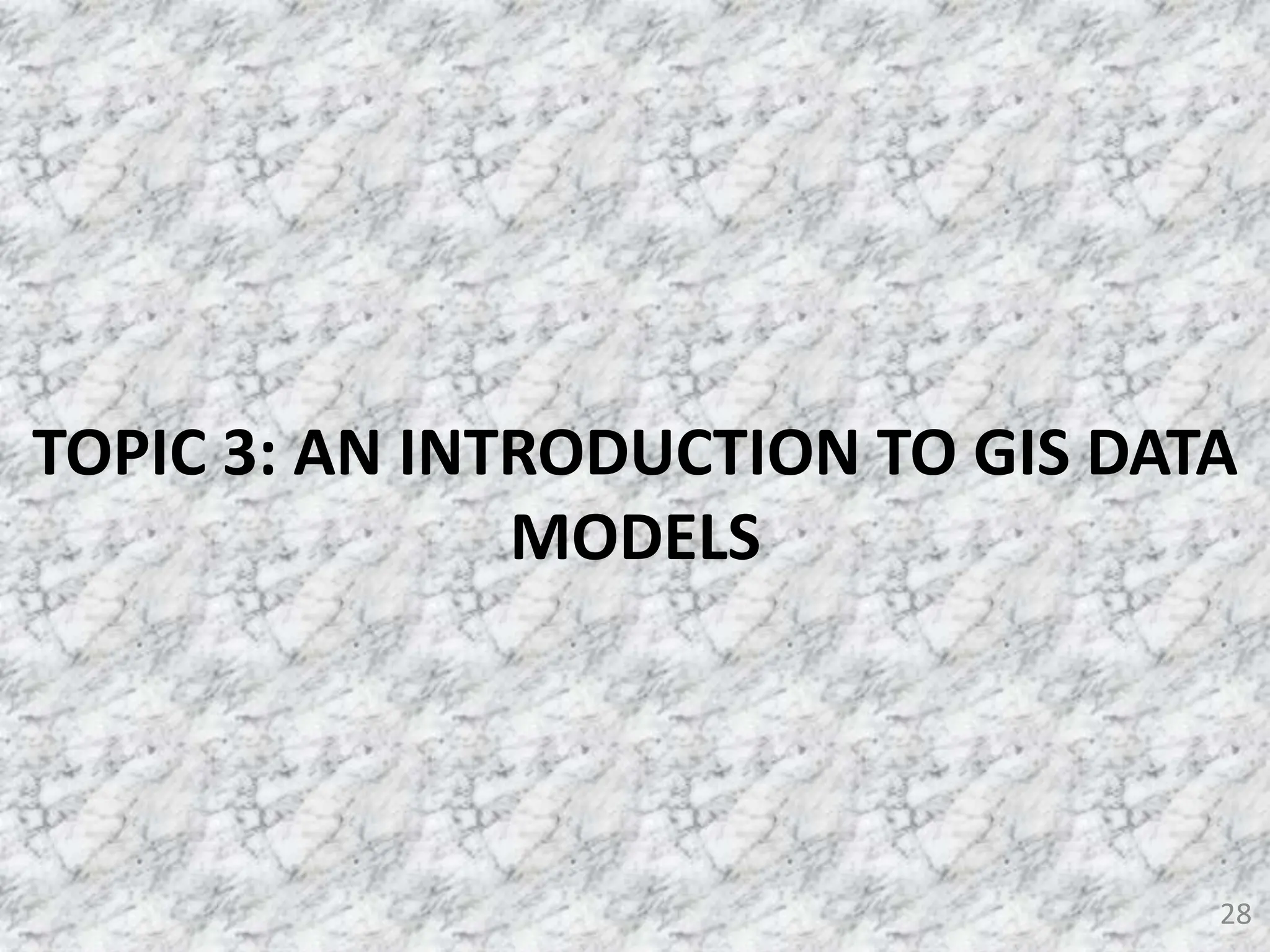28
TOPIC 3: AN INTRODUCTION TO GIS DATA
MODELS
 