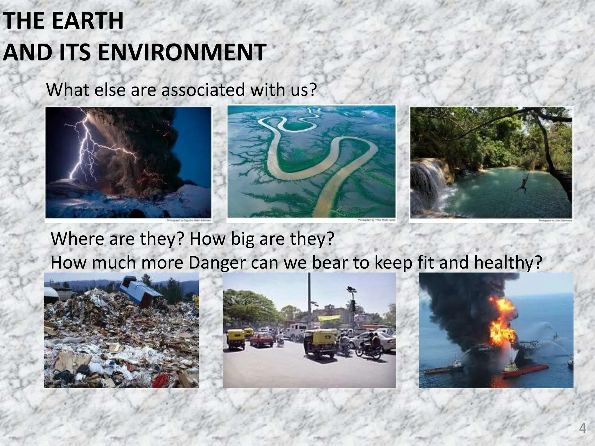 What else are associated with us?
Where are they? How big are they?
How much more Danger can we bear to keep fit and healthy?
4
THE EARTH
AND ITS ENVIRONMENT
 
