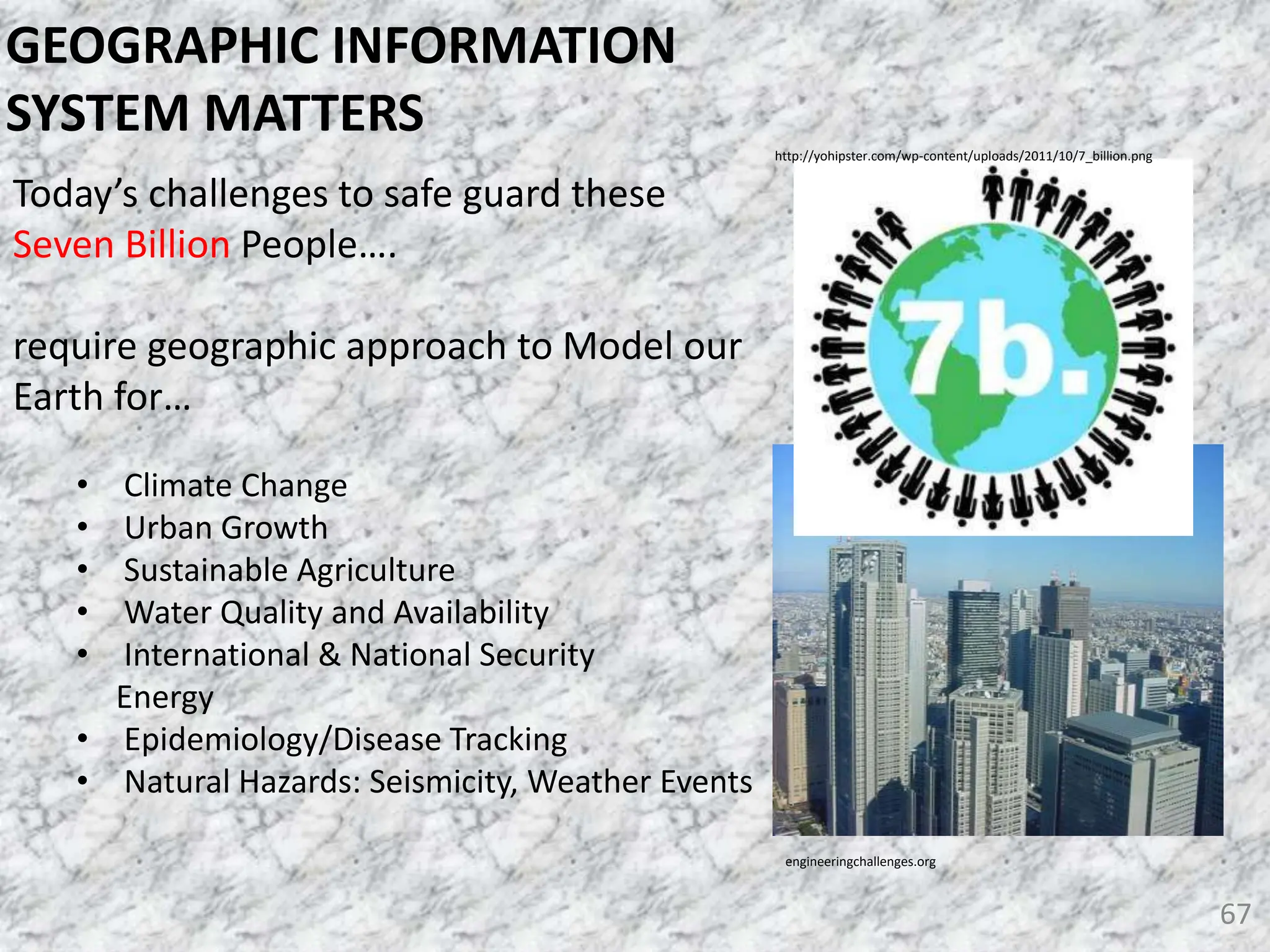 67
GEOGRAPHIC INFORMATION
SYSTEM MATTERS
Today’s challenges to safe guard these
Seven Billion People….
require geographic approach to Model our
Earth for…
• Climate Change
• Urban Growth
• Sustainable Agriculture
• Water Quality and Availability
• International & National Security
Energy
• Epidemiology/Disease Tracking
• Natural Hazards: Seismicity, Weather Events
http://yohipster.com/wp-content/uploads/2011/10/7_billion.png
engineeringchallenges.org
 