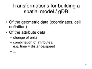 Transformations for building a spatial model / gDB Of the geometric data (coordinates, cell definition) Of the attribute data change of units combination of attributes:  e.g. time = distance/speed ... 