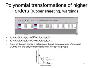 X o  = a 0 +(a 1 X i +a 2 Y i )+(a 3 X i 2 +a 4 .X i Y i +a 5 Y i 2 )+… Y o  = b 0 +(b 1 X i +b 2 Y i )+(b 3 X i 2 +b 4 .X i Y i +b 5 Y i 2 )+… Order of the polynomial p determines the minimum number of required  GCP to find the polynomial coefficients: N = (p+1)*(p+2)/2 Polynomial transformations of higher orders  (rubber sheeting, warping) 