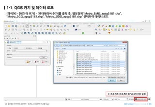 Imagine SpatiallyLX ???? ???? ???? C ???? GIS ??? ?? Day2
1-1. QGIS ?? ? ??? ??
[???] C [??? ??] C [????? ??]? ?? ?, ???? Metro_EMD_epsg5181.shp,
Metro_SGG_epsg5181.shp, Metro_SIDO_epsg5181.shp ???? ??? ??
 ???? ???? EPSG5181? ??
 