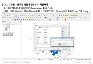 Imagine SpatiallyLX ???? ???? ???? C ???? GIS ??? ?? Day2
2-2. ??? ???? ?? ???? ? ????
2-2. ??????? ??? ????(Table manager ???? ??)
[??] C [Table Manager] C [Table Manager] ?? ? COUNT ?? ? [Rename] ?? ?? ? close ?? ? Save
 
