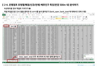 Imagine SpatiallyLX ???? ???? ???? C ???? GIS ??? ?? Day2
2-4. ???? ???(??/??/??) ???? ??(?? 500m ?) ????
????? ?? ??? ???? ?
?? ??? ?? [A1]?? ??? ? ctrl+V? ?? ???? (bank_open, bank_total ? ???? ?? ??)
close, open, total ?? ???? ? ?? ?? ????
[A1]?
 