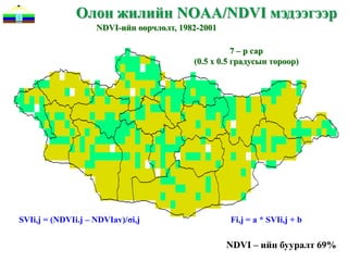 Олон жилийн NOAA/NDVI мэдээгээр
                    NDVI-ийн өөрчлөлт, 1982-2001

                                                     7 – р сар
                                          (0.5 х 0.5 градусын тороор)




SVIi,j = (NDVIi.j – NDVIav)/σi,j                   Fi,j = a * SVIi,j + b

                                                   NDVI – ийн бууралт 69%
 