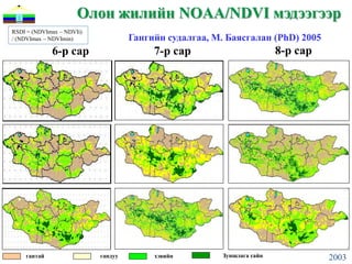 Олон жилийн NOAA/NDVI мэдээгээр
RSDI = (NDVImax – NDVIi)
/ (NDVImax – NDVImin)               Гангийн судалгаа, М. Баясгалан (PhD) 2005
             6-р сар                     7-р сар                        8-р сар




    гантай                 гандуу        хэвийн         Зуншлага сайн             2003
 