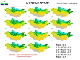 АНГИЛЛЫН АРГААР   2000-2010 оны 7-р сарын 28




                                       NDVI < 0.0
                                       0.0 < NDVI < 0.1
                                       0.1 < NDVI < 0.3
                                       0.3 < NDVI < 0.5
Цаашид:   орон зайн тархалтыг үнэлэх   0.5 < NDVI < 0.7
          шилжилтийг тогтоох           NDVI > 0.7
 
