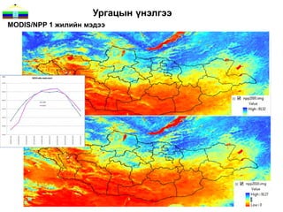 Ургацын үнэлгээ
MODIS/NPP 1 жилийн мэдээ

    Ургамлан нөмрөгийн ургацыг ургамлын фотосинтезийн үзүүлэлтийг
    оролцуулан үнэлдэг учраас энэхүү бүтээгдэхүүнийг тооцоолохдоо
    дэлхийн хэмжээнд газрын доройтол, ц өлжилтийг үнэлдэг GLADA аргад
    тооцоолсон дараахь томъёогоор тооцоолно.

             NPPMOD17 = 1106.37 * sum NDVI – 564.55 [kgC ha-1 year-1]

    (r = 0.83, n = 3128207)

    Энд, NPPMOD17 – MODIS MOD17 бүтээгдэхүүнээс гарган авсан NPP, sum
    NDVI – GIMMS-ээс авсан олон жилийн дундажийн нийлбэр NDVI
 