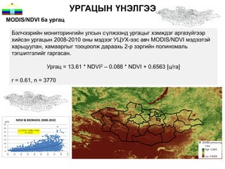 УРГАЦЫН ҮНЭЛГЭЭ
MODIS/NDVI ба ургац

 Бэлчээрийн мониторингийн улсын с үлжээнд ургацыг хэмждэг аргазүйгээр
 хийсэн ургацын 2008-2010 оны мэдээг УЦУХ-ээс авч MODIS/NDVI мэдээтэй
 харьцуулан, хамаарлыг тооцоолж дараахь 2-р зэргийн полиномаль
 тэгшитгэлийг гаргасан.

               Ургац = 13.61 * NDVI2 – 0.088 * NDVI + 0.6563 [ц/гa]

 r = 0.61, n = 3770
 