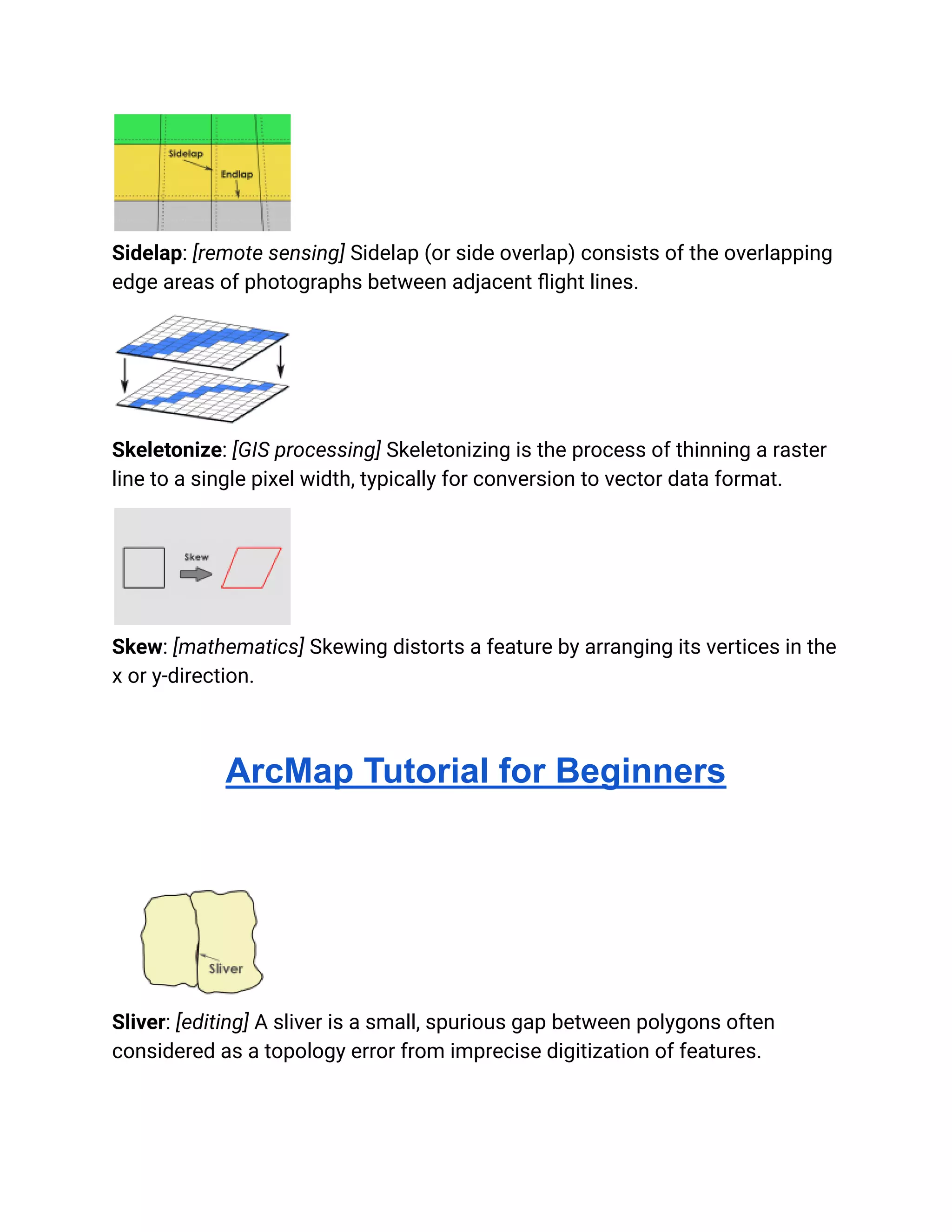 Sidelap: [remote sensing] Sidelap (or side overlap) consists of the overlapping
edge areas of photographs between adjacent flight lines.
Skeletonize: [GIS processing] Skeletonizing is the process of thinning a raster
line to a single pixel width, typically for conversion to vector data format.
Skew: [mathematics] Skewing distorts a feature by arranging its vertices in the
x or y-direction.
ArcMap Tutorial for Beginners
Sliver: [editing] A sliver is a small, spurious gap between polygons often
considered as a topology error from imprecise digitization of features.
 