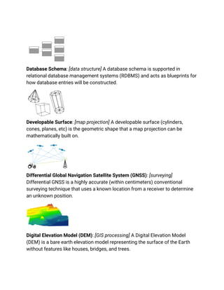 Database Schema: [data structure] A database schema is supported in
relational database management systems (RDBMS) and acts as blueprints for
how database entries will be constructed.
Developable Surface: [map projection] A developable surface (cylinders,
cones, planes, etc) is the geometric shape that a map projection can be
mathematically built on.
Differential Global Navigation Satellite System (GNSS): [surveying]
Differential GNSS is a highly accurate (within centimeters) conventional
surveying technique that uses a known location from a receiver to determine
an unknown position.
Digital Elevation Model (DEM): [GIS processing] A Digital Elevation Model
(DEM) is a bare earth elevation model representing the surface of the Earth
without features like houses, bridges, and trees.
 