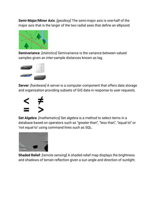 Semi-Major/Minor Axis: [geodesy] The semi-major axis is one-half of the
major axis that is the larger of the two radial axes that define an ellipsoid.
Semivariance: [statistics] Semivariance is the variance between valued
samples given an inter-sample distances known as lag.
Server: [hardware] A server is a computer component that offers data storage
and organization providing subsets of GIS data in response to user requests.
Set Algebra: [mathematics] Set algebra is a method to select items in a
database based on operators such as “greater than”, “less than”, “equal to” or
‘not equal to’ using command lines such as SQL.
Shaded Relief: [remote sensing] A shaded relief map displays the brightness
and shadows of terrain reflection given a sun angle and direction of sunlight.
 