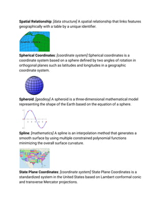 Spatial Relationship: [data structure] A spatial relationship that links features
geographically with a table by a unique identifier.
Spherical Coordinates: [coordinate system] Spherical coordinates is a
coordinate system based on a sphere defined by two angles of rotation in
orthogonal planes such as latitudes and longitudes in a geographic
coordinate system.
Spheroid: [geodesy] A spheroid is a three-dimensional mathematical model
representing the shape of the Earth based on the equation of a sphere.
Spline: [mathematics] A spline is an interpolation method that generates a
smooth surface by using multiple constrained polynomial functions
minimizing the overall surface curvature.
State Plane Coordinates: [coordinate system] State Plane Coordinates is a
standardized system in the United States based on Lambert conformal conic
and transverse Mercator projections.
 