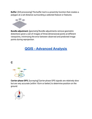 Buffer: [GIS processing] The buffer tool is a proximity function that creates a
polygon at a set distance surrounding a selected feature or features.
Bundle adjustment: [geometry] Bundle adjustments remove geometric
distortions given a set of images of three-dimensional points at different
viewpoints, minimizing the error between observed and predicted image
points during reprojection.
QGIS - Advanced Analysis
C
Carrier-phase GPS: [surveying] Carrier-phase GPS signals are relatively slow
but are very accurate (within 10cm or better) to determine position on the
ground.
 