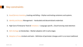 Key constraints
#GISEC 2020 @FintoNT 11
1. Asset/Service Inventory, tracking and billing – Orphan and testing containers and systems
2. Identity and Access Management - Hardcoded and decentralized credentials
3. High Cost of Enterprise Tools & limitations – Language specific , Cloud licensing need attention
4. Skill shortage on DevSecOps – Market adoption still in early stages
5. Adoption of new mindset and tools – Definition of perimeter changes and it is no more traditional
 