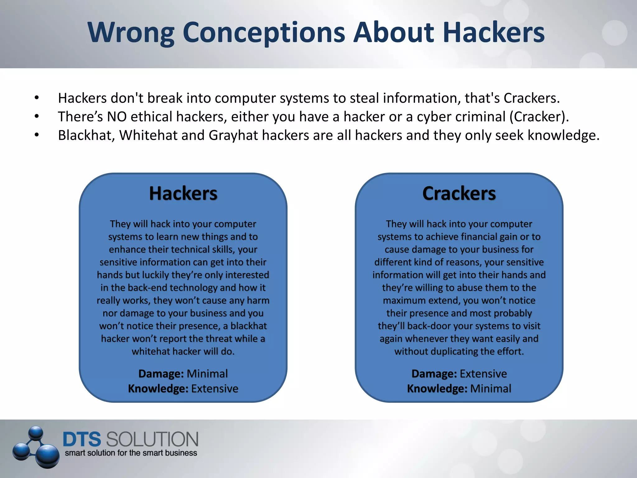 Wrong Conceptions About Hackers
• Hackers don't break into computer systems to steal information, that's Crackers.
• There’s NO ethical hackers, either you have a hacker or a cyber criminal (Cracker).
• Blackhat, Whitehat and Grayhat hackers are all hackers and they only seek knowledge.
Hackers
They will hack into your computer
systems to learn new things and to
enhance their technical skills, your
sensitive information can get into their
hands but luckily they’re only interested
in the back-end technology and how it
really works, they won’t cause any harm
nor damage to your business and you
won’t notice their presence, a blackhat
hacker won’t report the threat while a
whitehat hacker will do.
Damage: Minimal
Knowledge: Extensive
Crackers
They will hack into your computer
systems to achieve financial gain or to
cause damage to your business for
different kind of reasons, your sensitive
information will get into their hands and
they’re willing to abuse them to the
maximum extend, you won’t notice
their presence and most probably
they’ll back-door your systems to visit
again whenever they want easily and
without duplicating the effort.
Damage: Extensive
Knowledge: Minimal
 
