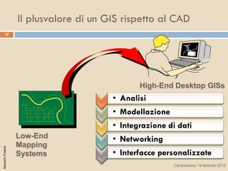 • Analisi
• Modellazione
• Integrazione di dati
• Networking
• Interfacce personalizzate
High-End Desktop GISs
Low-End
Mapping
Systems
12
Il plusvalore di un GIS rispetto al CAD
MaurizioFoderà
Campobasso 19 febbraio 2015
 