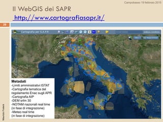 Il WebGIS dei SAPR
http://www.cartografiasapr.it/
29
MaurizioFoderà Campobasso 19 febbraio 2015
Metadati
-Limiti amministrativi ISTAT
-Cartografia tematica del
regolamento Enac sugli APR
-Cartografia AIP
-DEM srtm 30
-NOTAM nazionali real time
(in fase di integrazione)
-Meteo real time
(in fase di integrazione)
 