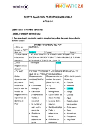 CUARTO AVANCE DEL PRODUCTO MÍNIMO VIABLE
MÓDULO 5
Escribe aquí tu nombre completo:
_GISELA GARCIA DOMINGUEZ
1. Con ayuda del siguiente cuadro, escribe todos los datos de tu producto
mínimo viable:
CONTEXTO GENERAL DEL PMV
¿Cómo se
llamará tu PMV?
NUTRI DELI
Será un... Producto Proceso Insumo
¿Qué problema
o necesidad
atenderá?
LAS NECESIDADES DE TODAS LAS PERSONAS QUE
PADEZCAN DIFERENTES PATOLOGIAS PARA QUE PUEDAN
CONSUMIR POSTRES SALUDABLES.
¿A qué
megatendencia
atiende?
Tecnológica Social
¿Por qué? PORQUE VA DIRIGIDO A LA SOCIEDAD EN GENERAL, YA
QUE ES UN PRODUCTO COMESTIBLE.
De las
siguientes tres
propuestas
vistas en el
módulo tres, en
cuál de las
megatendencias
específicas se
identifica tu
PMV
Megatendencias
sociales (GDRTM,
2009)
● Consumidor
ecológico
● Educación
personalizada
vitalicia y
universal
● El mundo: un
gran centro
comercial
● Gestión de
bienes y
gobernanza
global
Megatendencias: un
análisis del estado
global (CEPLAN,
2015)
● Cambios
demográficos
● Expansión de las
clases medias
● Escasez de los
recursos
● Cambio climático
● Poder y
gobernanza
global
● Globalización
económica
GGCs de Singularity
University.
● Energía
● Ambiente
● Comida
● Abrigo
● Espacio
● Agua
● Resistencia de
los desastres
● Gobernanza
● Salud
● Aprendizaje
● Prosperidad
● Seguridad
 