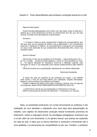 21
Quadro 4 – Texto disponibilizado para embasar a produção textual em e-mail
Algumas observações:
Evitem fórmulas estereotipadas como Venho, por meio deste, avisar ou Este tem o
objetivo de ou ainda Gostaríamos de levar ao conhecimento de V.Sa. que. No meio
do texto, fórmulas como Aproveitamos a oportunidade...
Outrossim...
--> O ideal é ir direto ao ponto, esclarecendo o objetivo da correspondência. Isso
não quer dizer que se esqueça da polidez, mas a objetividade é uma característica
essencial. A depender do objetivo, na conclusão/Fecho, emprega-se uma expressão
um pouco mais elaborada do que simplesmente Atenciosamente (Att), comum nas
situações diárias.
Senhor Professor:
Informamos a V.Sa. que sua palestra no III Simpósio.... está prevista para o dia ...,
às 14h, no salão.... Conforme contato telefônico, o tema e o título escolhido por V.Sa.
é..... Se alguma alteração for necessária, envie-nos a alteração sugerida. Esta
Comissão se coloca a sua disposição para maiores esclarecimentos pelos telefone
....... e ...... .
Certos do sucesso de sua participação, agradecemos sua valiosa colaboração.
Atenciosas Saudações.
O sujeito não pode ser separado do seu predicado por vírgula, o que JAMAIS
pode ocorrer, a não ser que haja adjetivo, adv. deslocado, orações intercaladas,
aposto ou outra ocorrência que justifique a pontuação.
Cuidem a regência de verbos como avisar, comunicar, informar, que, em algumas
circunstâncias, pedem DOIS COMPLEMENTOS DIFERENTES (OD e OI)
--> Informamos V.Sa de que sua participação ou Informamos a V.sa que...
NÃO há crase diante de pronome de tratamento --> Informamos a V. Exa que.
Após, os estudantes produziram um e-mail comunicando ao professor a não
realização de uma atividade e solicitando uma nova data para apresentação do
trabalho, com objetivo de desenvolver produção textual envolvendo pronomes de
tratamento, verbos e linguagem formal. As estratégias pedagógicas mostraram que
o e-mail, além de uma ferramenta, é um gênero textual, que precisa ser explorado
em sala de aula. A ideia que os alunos dominam e conhecem a ferramenta não é
uma realidade, o e-mail precisa ser compartilhado no seu uso. Também, o professor
 