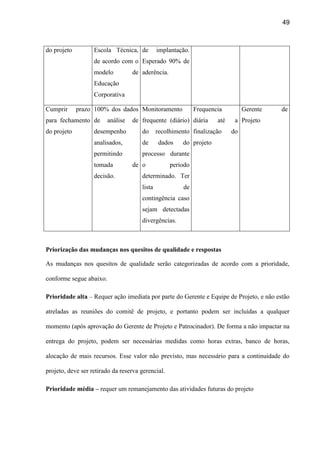 49
do projeto Escola Técnica,
de acordo com o
modelo de
Educação
Corporativa
de implantação.
Esperado 90% de
aderência.
Cumprir prazo
para fechamento
do projeto
100% dos dados
de análise de
desempenho
analisados,
permitindo
tomada de
decisão.
Monitoramento
frequente (diário)
do recolhimento
de dados do
processo durante
o período
determinado. Ter
lista de
contingência caso
sejam detectadas
divergências.
Frequencia
diária até a
finalização do
projeto
Gerente de
Projeto
Priorização das mudanças nos quesitos de qualidade e respostas
As mudanças nos quesitos de qualidade serão categorizadas de acordo com a prioridade,
conforme segue abaixo.
Prioridade alta – Requer ação imediata por parte do Gerente e Equipe de Projeto, e não estão
atreladas as reuniões do comitê de projeto, e portanto podem ser incluídas a qualquer
momento (após aprovação do Gerente de Projeto e Patrocinador). De forma a não impactar na
entrega do projeto, podem ser necessárias medidas como horas extras, banco de horas,
alocação de mais recursos. Esse valor não previsto, mas necessário para a continuidade do
projeto, deve ser retirado da reserva gerencial.
Prioridade média – requer um remanejamento das atividades futuras do projeto
 