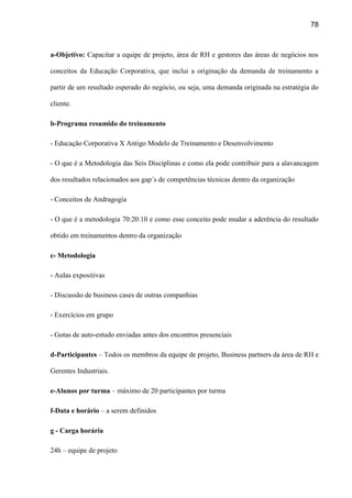 78
a-Objetivo: Capacitar a equipe de projeto, área de RH e gestores das áreas de negócios nos
conceitos da Educação Corporativa, que inclui a originação da demanda de treinamento a
partir de um resultado esperado do negócio, ou seja, uma demanda originada na estratégia do
cliente.
b-Programa resumido do treinamento
- Educação Corporativa X Antigo Modelo de Treinamento e Desenvolvimento
- O que é a Metodologia das Seis Disciplinas e como ela pode contribuir para a alavancagem
dos resultados relacionados aos gap´s de competências técnicas dentro da organização
- Conceitos de Andragogia
- O que é a metodologia 70:20:10 e como esse conceito pode mudar a aderência do resultado
obtido em treinamentos dentro da organização
c- Metodologia
- Aulas expositivas
- Discussão de business cases de outras companhias
- Exercícios em grupo
- Gotas de auto-estudo enviadas antes dos encontros presenciais
d-Participantes – Todos os membros da equipe de projeto, Business partners da área de RH e
Gerentes Industriais.
e-Alunos por turma – máximo de 20 participantes por turma
f-Data e horário – a serem definidos
g - Carga horária
24h – equipe de projeto
 