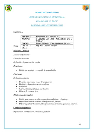 DIARIO METACOGNITIVO

                       RESUMEN DE CÁLCULO DIFERENCIAL

                               DE LA CLASE #1: 2do”A”

                        PERIODO ABRIL-SEPTIEMBRE 2012


Clase No. 1:

           PERIODO:           Septiembre 2012-Febrero 2013
           TIEMPO:            4 HORAS EN DOS JORNADAS DE 2
                              HORAS
           FECHA:             Martes 25-jueves 27 de Septiembre del 2012.
Tema       DOCENTE            Ing. José Cevallos Salazar
           GUIA:
discutido: Unidad I:

Análisis de funciones
Producto cartesiano
Definición: Representación gráfica

Relaciones:

      Definición, dominio y recorrido de una relación.

Funciones:

Definición, notación

      Dominio, recorrido o rango de una función
      Variables: dependiente e independiente
      Constante
      Representación gráfica de una función
      Criterio de recta vertical.

Objetivos de desempeño:

      Definir y reconocer: producto cartesiano, relaciones y funciones
      Definir y reconocer: dominio e imagen de una función
      Definir y graficar funciones, identificación de las misma aplicando criterios.

Competencia general:

Definiciones, identificación y trazos de gráficas.




                                                                                        19
 