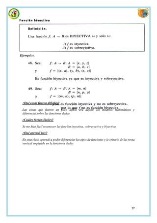 ¿Qué cosas fueron difíciles?

Las cosas que fueron un poco difícil era definir los modelos matemáticos y
diferencial.sobre las funciones dadas

¿Cuáles fueron fáciles?

Se me hizo fácil reconocer las función inyectiva,. sobreyectiva y biyectiva

¿Qué aprendí hoy?

En esta clase aprendí a poder diferenciar los tipos de funciones y le criterio de las recta
vertical empleada en la funciones dadas




                                                                                        27
 