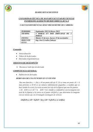 DIARIO METACOGNITIVO


       UNIVERSIDAD TÉCNICA DE MANABÍ-FACULTAD DE CIENCIAS
            INFORMÁTICAS-DISEÑ0 MICROCURRICULAR No 8

        CALCULO DIFERENCIAL SEGUNDO SEMETRE DE CARRERA


            PERIODO:          Septiembre 2012-Febrero 2013
            TIEMPO:           4 HORAS EN DOS JORNADAS DE 2
                              HORAS
            FECHA:            Martes 13 de nov. Jueves 15 de noviembre
            DOCENTE           Ing. José Cevallos Salazar
            GUIA:


Contenido

      Autoevaluación
      Videos de la derivadas
      Derivadas trigonométricas

OBJETIVO DE DESEMPEÑO

      Reconocer todo tipo de derivada

COMPETENCIA GENERAL:

      Definición de derivadas.

   DERIVADA DE UNA FUNCION EN UN PUNTO

        Sea una función y = f(x) y x0 un punto del eje X. Si se toma un punto x0 + h
       muy próximo a x0 (h es un número infinitamente pequeño), a medida que se
       hace tender h a cero, la recta secante (en rojo de la figura) que une los puntos
        ( x0, f(x0 ) ) y ( x0 + h, f(x0 + h) ), tiende a confundirse con la tangente (en
       azul de la figura) a la curva en el punto (x0,f(x0 )). que determina la tangente
       con ese mismo eje, en el triángulo rectángulo de vértices

         (x0,f(x0 )), (x0 + h,f(x0 + h)) y (x0 + h,f(x0 )), se verifica:




                                                                                     60
 