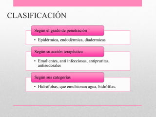 • Epidérmica, endodérmica, diadermicas
Según el grado de penetración
• Emolientes, anti infecciosas, antipruritas,
antisudorales
Según su acción terapéutica
• Hidrófobas, que emulsionan agua, hidrófilas.
Según sus categorías
CLASIFICACIÓN
 