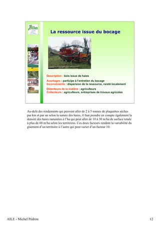 AILE - Michel Pédron 12
La ressource issue du bocage
Description : bois issus de haies
Avantages : participe à l’entretien du bocage
Inconvénients : dispersion de la ressource, rareté localement
Détenteurs de la matière : agriculteurs
Collecteurs : agriculteurs, entreprises de travaux agricoles
Au-delà des rendements qui peuvent aller de 2 à 5 tonnes de plaquettes sèches
par km et par an selon la nature des haies, il faut prendre en compte également la
densité des haies ramenées à l’ha qui peut aller de 10 à 30 m/ha de surface totale
à plus de 60 m/ha selon les territoires. Ces deux facteurs rendent la variabilité du
gisement d’un territoire à l’autre qui peut varier d’un facteur 10.
 