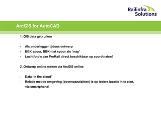 ArcGIS for AutoCAD
1. GIS data gebruiken
-

Als onderlegger tijdens ontwerp

-

BBK spoor, BBK-niet spoor als ‘map’

-

Luchtfoto’s van ProRail direct beschikbaar op coordinaten!

2. Ontwerp online maken via ArcGIS online
-

Data ‘in the cloud’

-

Relatie met de omgeving (bovenaanzichten) is op iedere locatie in te zien,
via smartphone!

 