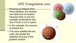 15
GPS Triangulation cont...
 Knowing its distance from
three satellites, the receiver
can determine its location
because there is only two
possible combinations and
one of them is out in space.
 In this example, the receiver
is located at b.
 The more satellite that are
used, the greater the
potential accuracy of the
position location.
 