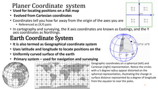 Planer Coordinate system
• Used for locating positions on a flat map
• Evolved from Cartesian coordinates
• Coordinates tell you how far away from the origin of the axes you are
• Referenced as (X,Y) pairs
• In cartography and surveying, the X axis coordinates are known as Eastings, and the Y
axis coordinates as Northings.
Earth Coordinate System
• It is also termed as Geographical coordinate system
• Uses latitude and longitude to locate positions on the
• Uniformly curved surface of the earth
• Primary system – used for navigation and surveying
30
Geographic coordinates on a spherical (left) and
Cartesian (right) representation. Notice the circles
with a 5 degree radius appear distorted on the
spherical representation, illustrating the change in
surface distance represented by a degree of longitude
from the equator to near the poles.
 