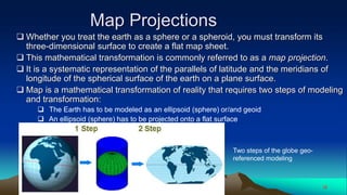 Map Projections
 Whether you treat the earth as a sphere or a spheroid, you must transform its
three-dimensional surface to create a flat map sheet.
 This mathematical transformation is commonly referred to as a map projection.
 It is a systematic representation of the parallels of latitude and the meridians of
longitude of the spherical surface of the earth on a plane surface.
 Map is a mathematical transformation of reality that requires two steps of modeling
and transformation:
 The Earth has to be modeled as an ellipsoid (sphere) or/and geoid
 An ellipsoid (sphere) has to be projected onto a flat surface
38
Two steps of the globe geo-
referenced modeling
 