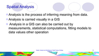 55
Spatial Analysis
Analysis is the process of inferring meaning from data.
Analysis is carried visually in a GIS
 Analysis in a GIS can also be carried out by
measurements, statistical computations, fitting models to
data values other operation
Spatial Analysis and Modelling by Tadele Feyssa, Wollega
University
 