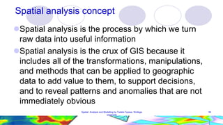 56
Spatial analysis concept
Spatial analysis is the process by which we turn
raw data into useful information
Spatial analysis is the crux of GIS because it
includes all of the transformations, manipulations,
and methods that can be applied to geographic
data to add value to them, to support decisions,
and to reveal patterns and anomalies that are not
immediately obvious
Spatial Analysis and Modelling by Tadele Feyssa, Wollega
University
 