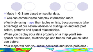 Maps in GIS are based on spatial data.
You can communicate complex information more
effectively using maps than tables or lists, because maps take
advantage of our natural abilities to distinguish and interpret
colors, patterns and spatial relationships.
When you display your data properly on a map you’ll see
spatial distributions, relationships and trends that you couldn’t
see before.
Your maps will help you make decisions and solve problems
Spatial Analysis and Modelling by Tadele Feyssa, Wollega
University
60
 