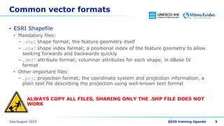 Common vector formats
• ESRI Shapefile
• Mandatory files:
−.shp: shape format; the feature geometry itself
−.shx: shape index format; a positional index of the feature geometry to allow
seeking forwards and backwards quickly
−.dbf: attribute format; columnar attributes for each shape, in dBase IV
format
• Other important files:
−.prj: projection format; the coordinate system and projection information, a
plain text file describing the projection using well-known text format
ALWAYS COPY ALL FILES, SHARING ONLY THE .SHP FILE DOES NOT
WORK
5
 