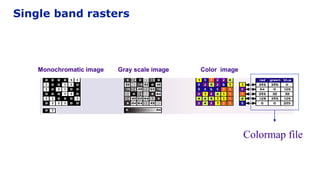 Single band rasters
Monochromatic image Gray scale image Color image
Colormap file
 
