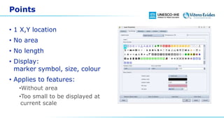 Points
• 1 X,Y location
• No area
• No length
• Display:
marker symbol, size, colour
• Applies to features:
•Without area
•Too small to be displayed at
current scale
 