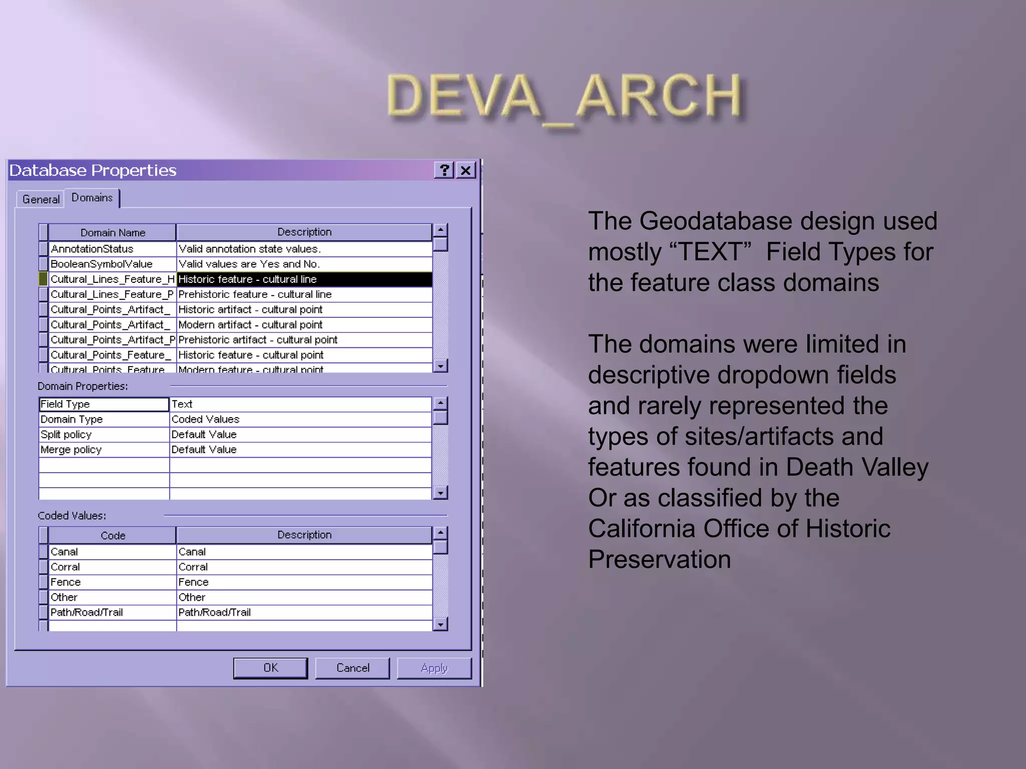 	DEVA_ARCHThe Geodatabase design used mostly “TEXT”  Field Types for the feature class domainsThe domains were limited in descriptive dropdown fields and rarely represented the types of sites/artifacts and features found in Death ValleyOr as classified by the California Office of Historic Preservation