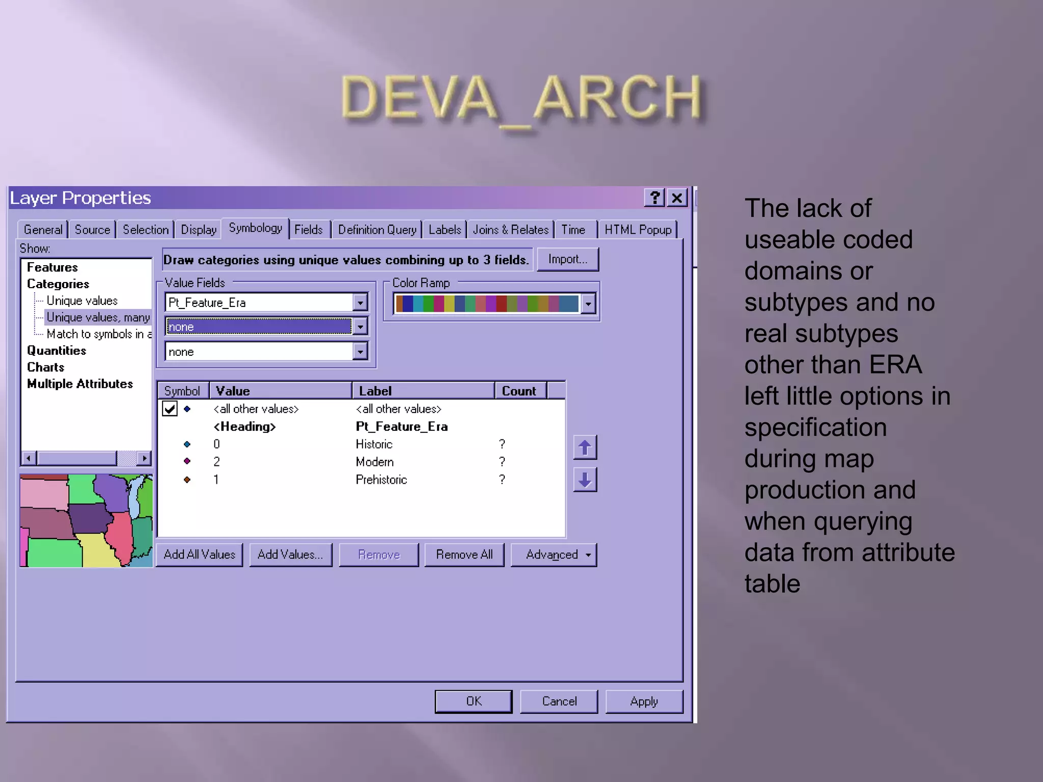 DEVA_ARCHThe lack of useable coded domains or subtypes and no real subtypes other than ERA left little options in specification during map production and when querying data from attribute table