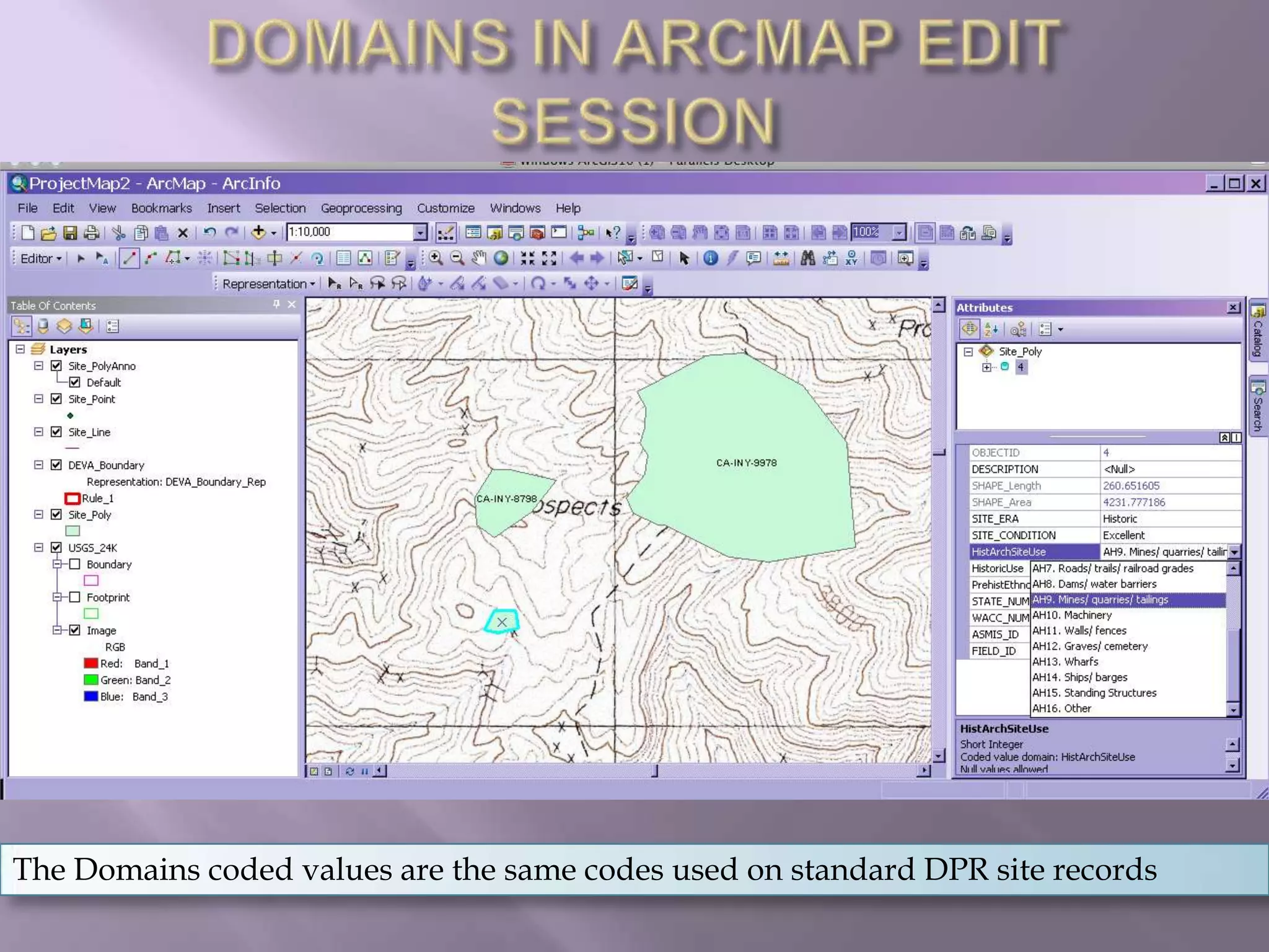 DOMAINS IN ARCMAP EDIT SESSIONThe Domains coded values are the same codes used on standard DPR site records